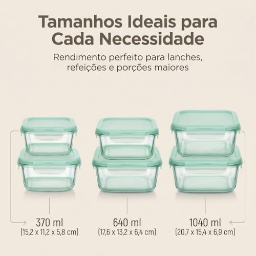 Conjunto 6 Potes Herméticos de Vidro com Tampa, 370ml 640ml 1040ml | Vedação Airtight, Ideal para Geladeira, Ideal para Freezer, Ideal para Marmita, Tampa Branca