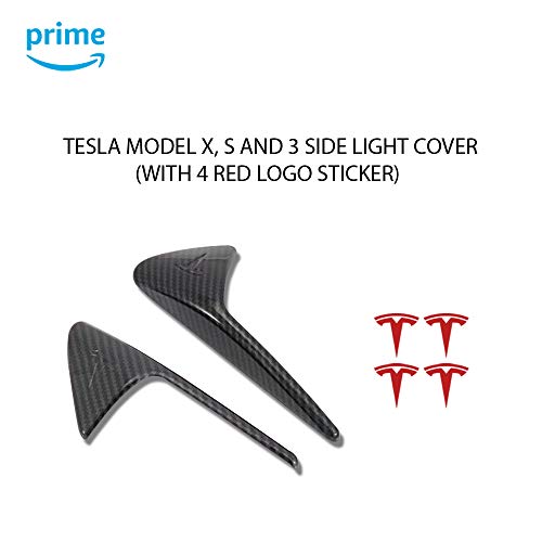 CoolKo Tesla Car Front Side Turn Signal Light Lamp Strip Cover Trim for Model X, S, 3 [ Carbon Fiber Pattern with 4 Red Logo Stickers ]