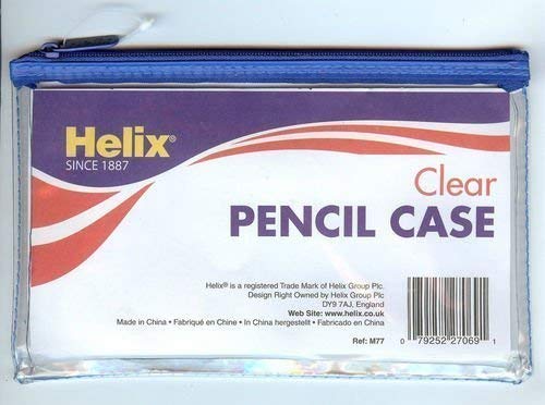 HELIX CLEAR EXAM PENCIL CASE ASSORTED COLOURED ZIPS TRANSPARENT 203 x 127mm BLUE