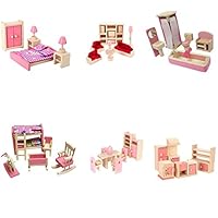 6 Set Dollhouse Furniture Kid Toy Bathroom Kid Room Bedroom Kitchen Living Room Dinning Room Set