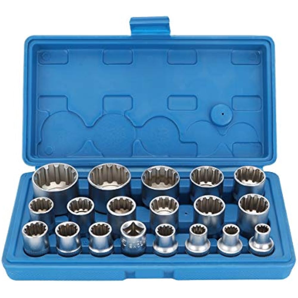 19 Pcs 1/2" Drive 12 Point Universal Metric Spline Socket Set CrV