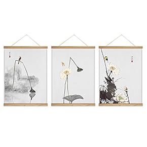 3 Panel Hanging Poster with Wood Frames Lotus Canvas Artwork Wall Picture Home Decoration - 18"x24"x3 Panels