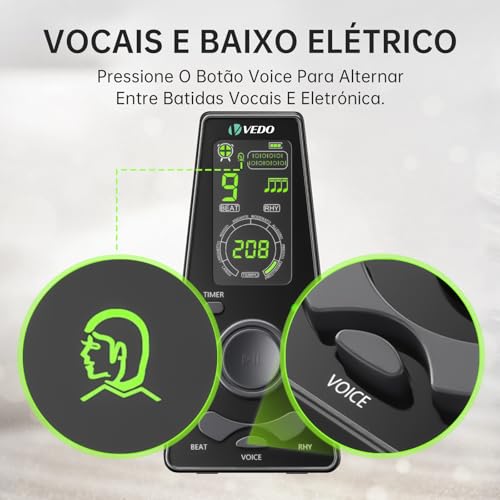 Metrônomo digital VEDO com temporizador, contagem vocal em inglês, operação um toque e display colorido fácil leitura Metrônomo eletrônico com controle volume para piano, guitarra, bateria e violino