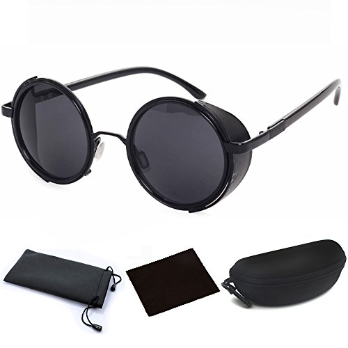 Unisex Mens Womens Steampunk Round Sunglasses Side Shields Vintage Retro Style Fashion Cyber Goggles Blinders Beach Sun Glasses Shades Circle Black Reflective Lens with Glasses Case (B Black)