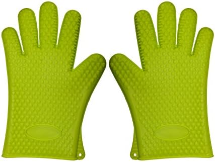 WL Spring Cooking Gloves–Heat Resistant Silicone Oven Mitts Multi Uses BBQ Grilling Gloves & Hot Pads. Insulated, Waterproof. Total Finger, Hand, Wrist Protection, 1 Pair (Green)