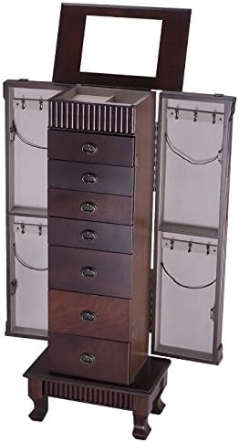 Standing Jewelry Armoire With Mirror - Vintage Wood Cabinet w 7 Drawers Large Storage in Brown - Bundle w Floor Protector Pads