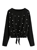 Romwe Women's Pearl Beaded Knot Front Long Sleeve T Shirts Top
