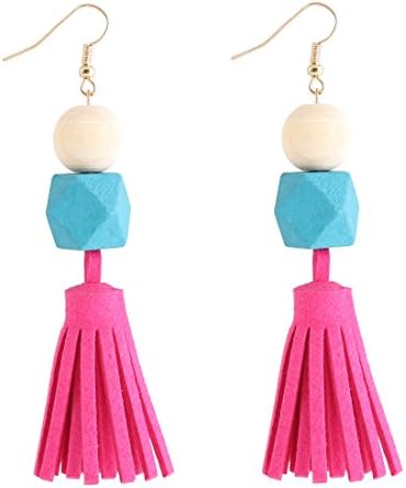NLCAC Bead Geometric Earrings Tassel Drop Earrings Wooden Ball and Cubic Ear Hook