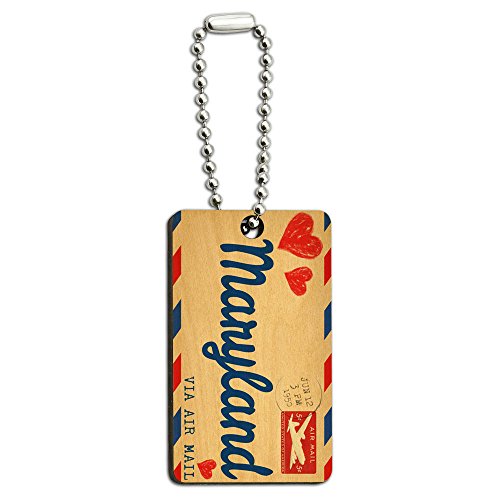 Air Mail Postcard Love for Maryland Wood Wooden Rectangle Key Chain
