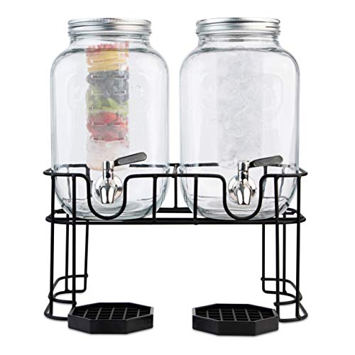 Dual Gallon Glass Beverage Drink Dispensers with 2 Sets of Fruit & Ice