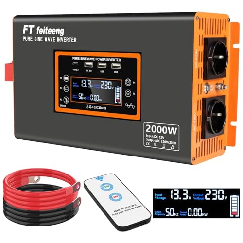 2000W/4000W inverter 12v 220v onda pura , pure sine wave inverter con 3 porte USB e 2 presa standard europea, adatto per attività all'aperto, viaggi, alimentazione di emergenza