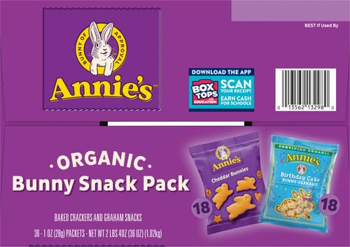 ANNIE’S ORGANIC BIRTHDAY CAKE BUNNY GRAHAMS AND CHEDDAR BUNNIES SNACK PACK 36 COUNT, 36 OZ