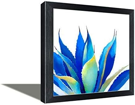 Blue Canvas Prints Wall Art Agave Plant Watercolor Framed Art Giclee Small Wall Art Picture Still Life Canvas Artwork Print Silver Edge Black Framed Single Piece Ready to Hang Gift Idea - 12" x 12"