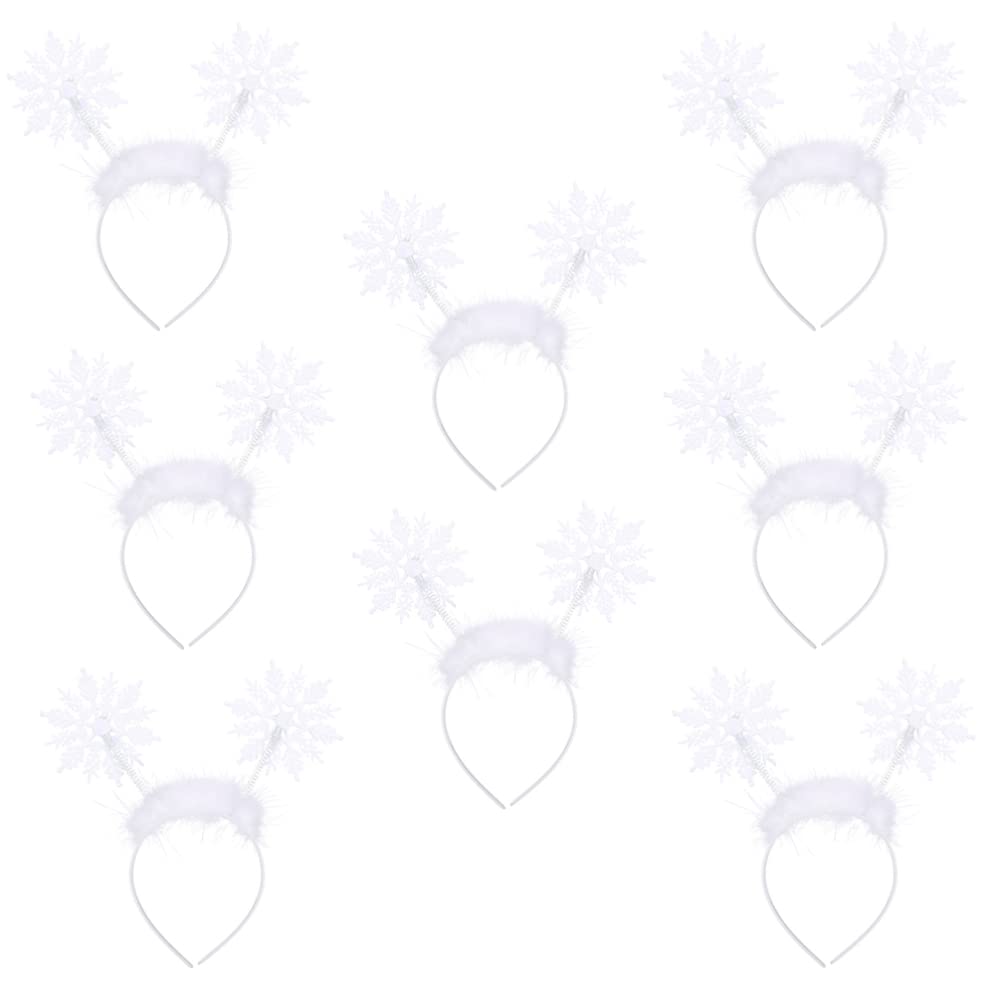 FRCOLOR Christmas Snowflake Headband for Women, Snowflake Head Boppers Headpiece Xmas Hair Accessories Christmas Hair Hoop Feather Headband Costume, 8pcs (White)