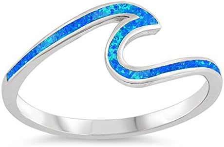 Blue Simulated Opal Thin Wave Ocean Boho Ring Sterling Silver Midi Band Sizes 4-12