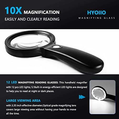 HYOIIO 10x Magnifying Glass with Light, Lighted Magnifying Glass 10X