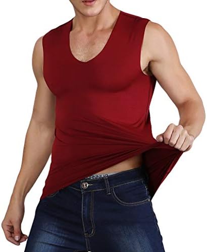 DAYLIN Men Summer Ice Silk Traceless Thin Soft Breathable Pure Color V-Neck Sleeveless Top Blouse M~4XL Wine