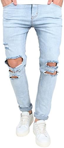 MEIKESEN Men's Blue Ripped Destroyed Stretchy Knee Holes Slim Tapered Leg Jeans Denim Pants 30