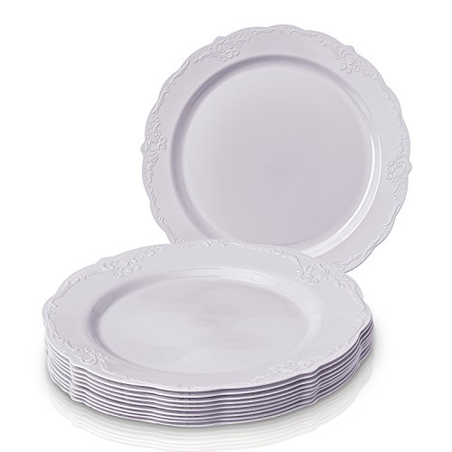 Party Disposable 20 pc Dinnerware Set | 20 Salad Plates | Heavyweight Plastic Dishes | Elegant Fine China Look | for Upscale Wedding and Dining (Vintage Collection – White | 9 Inch
