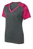 Joe's USA(tm) Ladies V-Neck CamoHex Athletic Shirt-Iron Grey/ Pink-XL