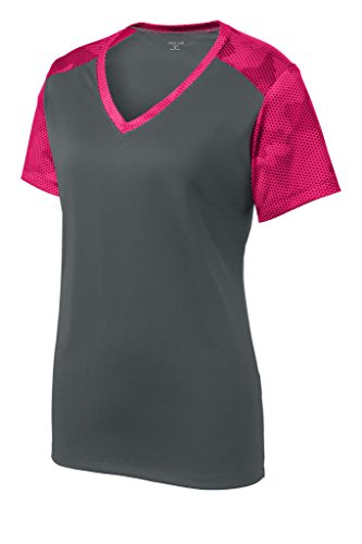 Joe's USA(tm) Ladies V-Neck CamoHex Athletic Shirt-Iron Grey/ Pink-XL