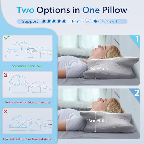 HOMCA Cervical Pillow for Neck Pain Relief, Ergonomic Neck Support Pillows for Sleeping, Memory Foam Bed Neck Pillow for Back Stomach Side Sleepers with Breathable Pillowcase