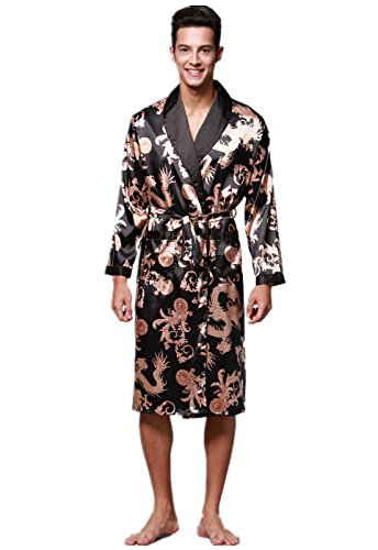 VERNASSA Mens Satin Robe Silk Long Sleeve Kimono Bathrobe Sleepwear Loungewear