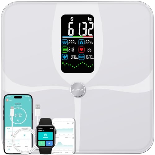 Lepulse Körperfettwaage F4 Pro, Aufladbar, personenwaage mit APP, Weiß