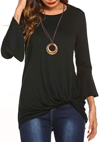 Womens Casual Twist Knot Shirt 3/4 Bell Sleeve Tshirt Ruched Loose Fit Tie Top Ruffle Blouses