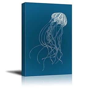 Canvas Wll Art - Jellyfish on Blue Ocean Themed Background - Giclee Print and Stretched Gallery Wrap | Modern Home Art Ready to Hang - 12"x18"