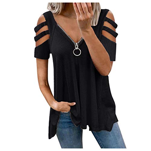 Summer T-Shirts for Women Sexy V-Neck Collar Zipper Color Short