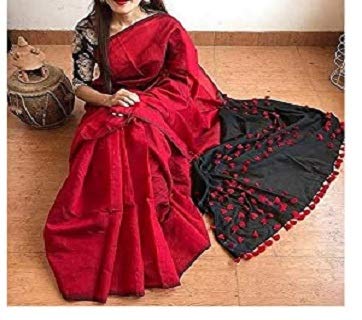 Red and Black 1 Piece Cotton Silk Pom Pom Saree With Black Blouse Piece