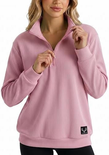 RBX Women's Quarter Zip Sweatshirt, Lightweight Textured Cotton