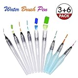 Water Brush Pen, ARTISTORE 9pcs Watercolor Pen Brush - Assorted Tips (No Ink) - 3 + 6 Pieces Set, Refillable, Leakproof for Watercolor Painting & Lettering