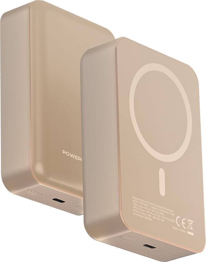 Powerology Spetano 20000mAh Magnetic Power Bank, High Capacity 15W Wireless Portable Charger, 20W PD Fast Charging External Battery Pack Magnetic, Compatible with iPhone 17-12 (DESERT TITANIUM)