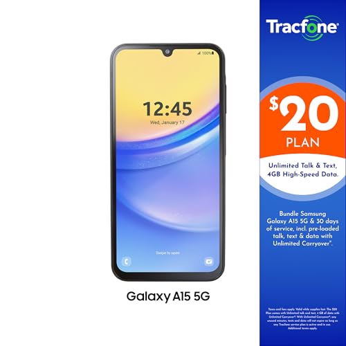 TracFone [Activation Promotion] Samsung A15 5G Locked Prepaid Smartphone, 64GB, Black - Includes $20 Unlimited Talk, Text, & 4GB Data 30-Day Plan