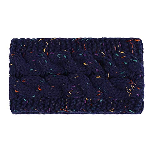Women Ponytail Beanie Headband,Crytech Girls Winter Warm Wool Crochet Knit Messy Bun BeanieTail Hairband Head Warp Soft Stretchy Knitted Cable Skull Headgear Hat Cap for Ladies (Navy, 1 Pc)