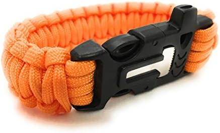 Paracord Survival Gear Bracelet, With Flint Fire Starter and Whistle for Emergencies, Cool Colors That Look Great. (Orange)