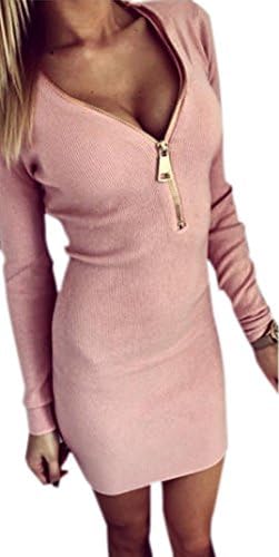 Amazon Hanixx 大人 セクシー 前開き リブ ミニ ワンピース ぴったり タイト 長袖 フロント ジップ きれいめ ピンク S ワンピース チュニック 通販