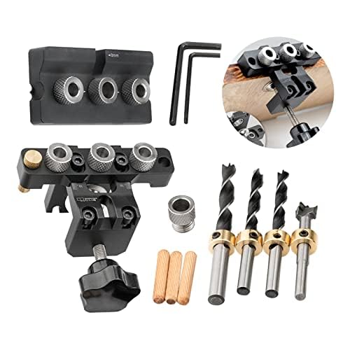 3 in 1 Pocket Hole Jig Kit, Woodworking Dowel Drilling Guide Set with 8/10/15mm Hole Dowel Pins, Adjustable Drilling Guide Locator Puncher Tools