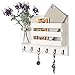 MyGift 6 Hook Wall Mounted Entryway Key Hanger and Mail Holder Basket, Vintage White Wood Hanging Home Organizer Rack with Decorative Mason Jar Flower Vase