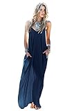 Mixmax Women's Strappy Casual Loose Boho Chiffon Pocket Long Maxi Dress (Large, Navy Blue)