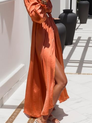ZADORN SUMMER DRESSES FOR WOMEN 2024 CASUAL BEACH WEDDING GUEST DRESSES FOR WOMEN MAXI SUNDRESSES V NECK 3/4 SLEEVE SPLIT HEM ELASTIC WAIST BELTED WRAP PARTY COCKTAIL TRAVEL VACATION OUTFIT ORANGE