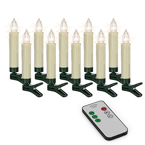 Hellum LED Weihnachtsbaumkerzen kabellos, 10x warmweiß LED Kerzen mit Fernbedienung, batteriebetriebene 9x1,5cm Christbaumkerzen ohne Kabel, dimmbar mit Flackermodus, Wachstropfen 530209