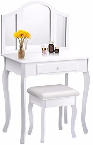 Buzfi Luxurious Wooden Dressing Table With Tri-folding Mirror, Organizers Makeup Vanity Table with Cushioned Stool and 1 Large Drawer, Super Shiny Finishing Touch by (Ivory)
