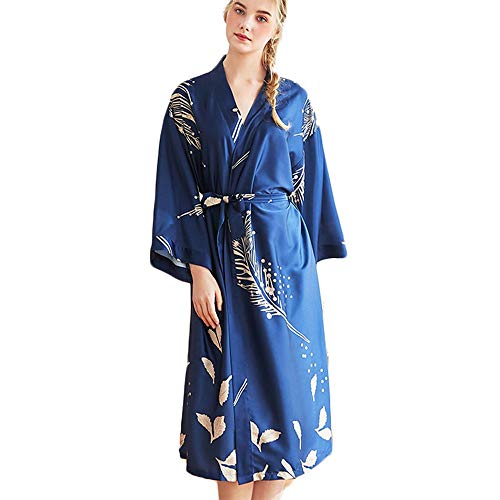CofeeMO Women's Plants Print Kimono Bathrobe Pajamas,Fashion Satin Long Sleeve Wrap Sleepdress(Navy,XL)