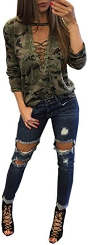 BA Zha Fashion Women's Camouflage Print Simple Casual Autumn Tunic Loose Straps Crop V-Neck Pullover Sweatshirt Long Sleeve Tops Sexy Short Sleeve Blouse Jumper T-Shirt