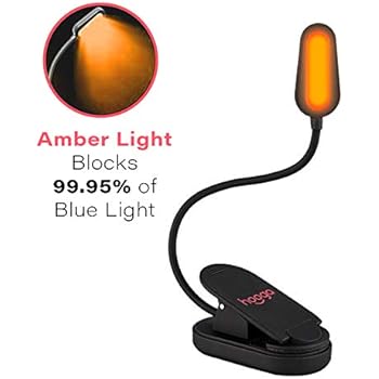 Book Light, Blue Light Blocking, Amber Clip-On Reading Light by Hooga. 1600K Warm LEDs for Reading in Bed. Sleep Aid Light. Rechargeable 1200mAh Battery. Adjustable Brightness. Works with Kindles