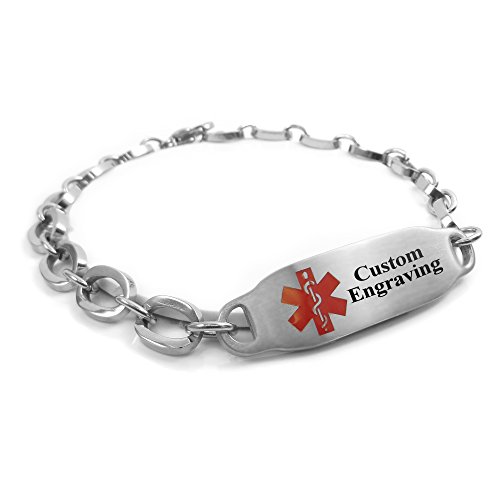 MyIDDr Free Engraving Medical Alert Bracelet - Steel Oval Link 7mm - Red