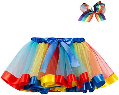 Lazzboy Girls Tutu Tulle Rainbow Ballet Skirt Princess for 3-10 Years Dress-up Costume Party with Bow Hair Clip Set